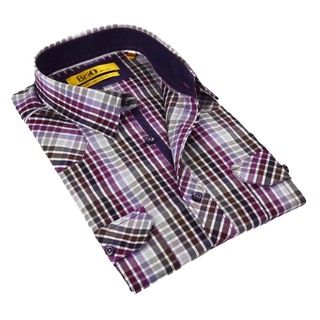 Brio Purple Plaid Stitched Collar Mens Shirt