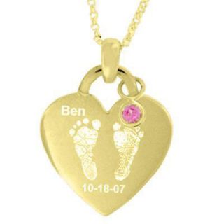 Simulated Birthstone Baby Footprints Heart Pendant in Sterling Silver