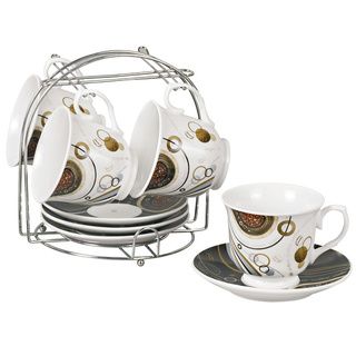 Coffee Bean Porcelain 9 piece Cup/ Saucer Set On Stand