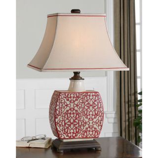Lindsa Antiqued Ivory Red Pattern Table Lamp
