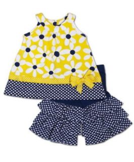 Peaches n Cream Baby Girls Infant Yellow Navy Daisy Knit Capri set, 24 Months Clothing