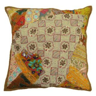Traditional Multicolor Cushion Case Home Decor Antique Beaded Cotton Pillow Cover India 17' Inches   Throw Pillow Covers