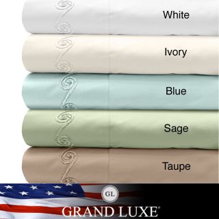 Veratex Grand Luxe 300 Thread Count Egyptian Cotton Sateen Sheet Set With Chenille Embroidered Swirl Design Blue Size Queen