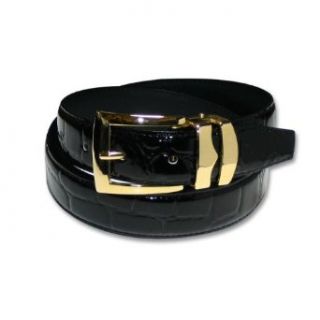 Crocodile Grain Embossed Bonded Black Leather Belt with Gold Buckle Clothing