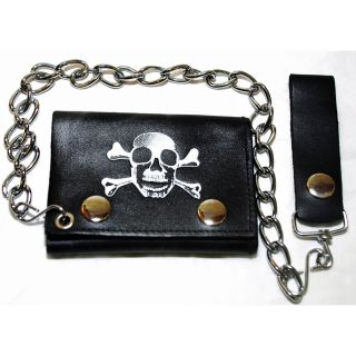 Hollywood Tag Skull With Crossbones Leather Tri fold Chain Wallet