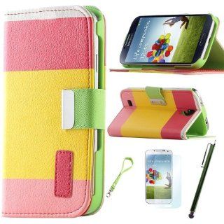Able Colorful PU Leather Wallet Type Magnet Design Flip Case Cover with Credit Card/ID holders for Samsung Galaxy S4 Galaxy SIV i9500 + Screen Protector + Stylus(Red+Yellow+Pink) with Auto Wake/Sleep Smart Cover Function Cell Phones & Accessories