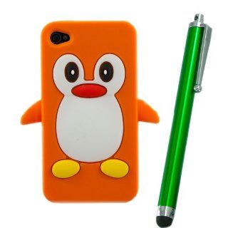 Cute ORANGE Penguin SOFT SILICONE RUBBER GEL Case Cover Skin For APPLE iPhone 4 with green stylus pen Cell Phones & Accessories