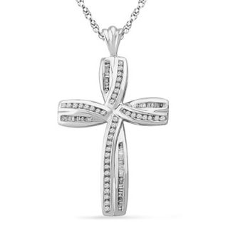 CT. T.W. Round and Baguette Diamond Cross Pendant in Sterling