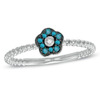Enhanced Blue and White Diamond Accent Stackable Flower Ring in