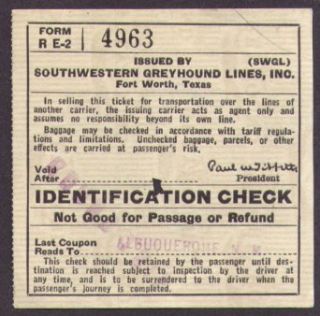 Southwestern Greyhound Bus ID Check ticket Denver Albuquerque 1949 Entertainment Collectibles