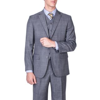 Mens Modern Fit Grey Windowpane Vested Wool Suit