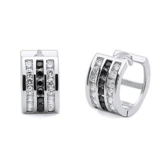 Sterling Silver 7mm Huggie Hoop Earrings CZ White & Black Three Rows 12mm Diameter Silver Earrings Jewelry