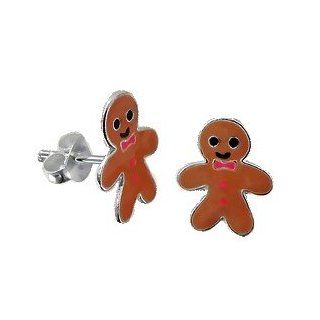 Adorable Gingerbread Man Sterling Silver Childrens Earrings Post/stud Jewelry