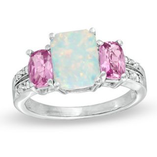 Cushion Cut Lab Created Opal, Pink Sapphire and Diamond Accent Ring in