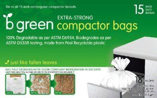 15 inch Plastic Compactor Green Bags 100% Biodegradable / Degradable, 15 Pack, Planet Friendly   Trash Bags