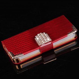 S9Q Wallet Flip Rhinestone Leather Phone Case Cover Protector For Apple iPhone 4 4S 4G Red Cell Phones & Accessories