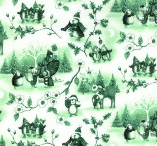 RJR Kim Martin 'One Frosty Christmas' Green Toile Penguins Cotton Fabric By the Yard