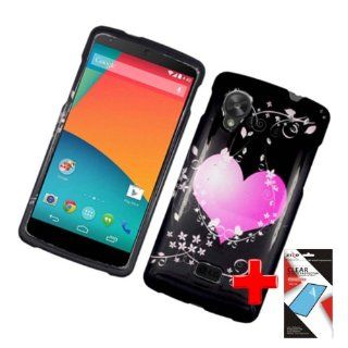 LG Google Nexus 5 D820   2 Piece Snap On Glossy Image Case Cover, Pink Heart White Leaf Swirls Black Cover + SCREEN PROTECTOR Cell Phones & Accessories