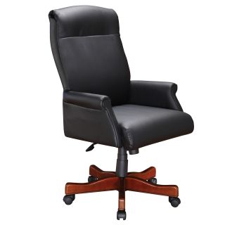 Roll Arm Executive Desk Chair With Black Leather Upholstery