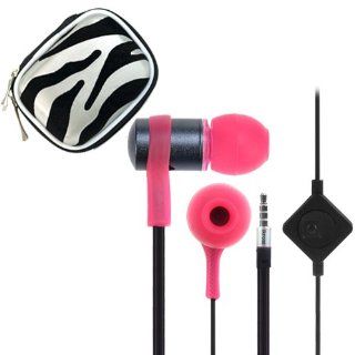 iKross Pink / Black In Ear 3.5mm Noise Isolation Stereo Flat Cable Tangle Free Earbuds with Microphone + Silver Zebra Headset Case for Acer ICONIA ONE 7, TAB 7 (A1 713), B1 720, A1 830, A3 A10, B1 710, W3 810, A1 810, TAB A211 Tablet Cellphone Smartphone a
