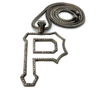 Wiz Khalifa Mirror Look Iced Out Pittsburg P Pendant w/36" Franco Chain MP822HE Hematite Pendant Necklaces Jewelry