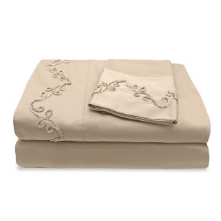 Veratex Grand Luxe 500 Thread Count Egyptian Cotton Deep Pocket Sheet Set With Chenille Embroidered Scroll Design Off White Size Twin