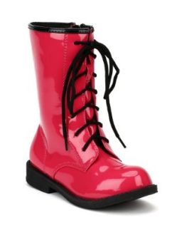 Jelly Beans Chrissy Patent Leatherette Solid Color Lace Up Military Combat Boot (Toddler/Little Girl/ Big Girl)   Fuchsia Shoes