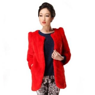 Women's Mink Fur Coats Jackets with O neck Red L