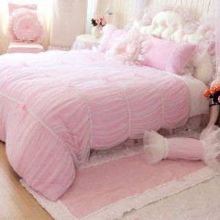 DIAIDI Home Textile, Korean Luxury Pink Lace Ruffle Bedding Set, Beautiful Princess Bedding Lace Ruffle, 5/6pcs   Duvet Cover Sets