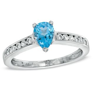 Pear Shaped Blue Topaz and 1/5 CT. T.W. Diamond Ring in 10K White Gold