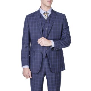 Mens Modern Fit Navy Blue Windowpane 2 button Vested Suit