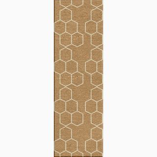 Hand made Geometric Pattern Taupe/ Ivory Wool Rug (2.6x8)