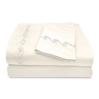 Veratex Grand Luxe 300 Thread Count Egyptian Cotton Sateen Sheet Set With Chenille Embroidered Swirl Design Off White Size Twin
