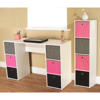 Jolie Pink Theme 6 bin Writing Desk With 4 bin Bookcase Set
