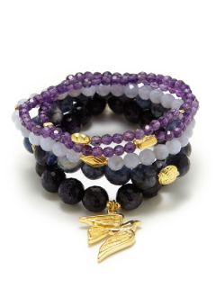 Set Of 5 Gold Dove & Purple Multi Beaded Stretch Bracelets by Good Charma