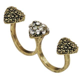 Easyfashion Alloy Vintage Retro Three Heart Clear Crystal Two Finger Ring With Rhinestones Bronze Jewelry