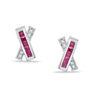 Ruby and Diamond Accent X Fashion Stud Earrings in 10K White Gold