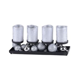 4 piece Metallic Silver Led Candle Set With Silver Ornaments