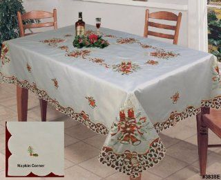 Holiday Christmas Embroidered Poinsettia Candle Bell Tablecloth 70x140" & 12 Napkins Beige  