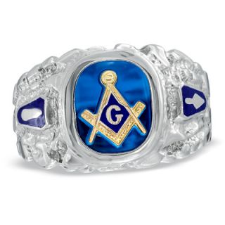 Mens Lab Created Sapphire and Enamel Comfort Fit Masonic Ring in