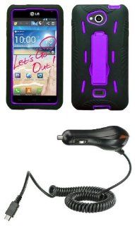 LG Spirit 4G MS870   Accessory Kit   Black / Purple Rugged Hybrid Kick Stand Case + Atom LED Keychain Light + Micro USB Car Charger Cell Phones & Accessories