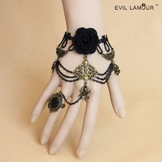 Gothic Style Rosa Multiflora Spider Bracelet Lace Punk Slave Bracelet with Ring for Girl Halloween Decoratioins Present for Costume Ball Jewelry