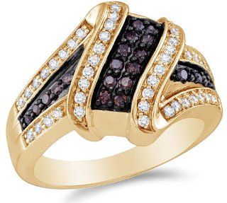 Size 8   14K Yellow Gold White and Chocolate Brown Diamond Cross Over Wedding, Anniversary OR Fashion Right Hand Ring Band   w/ Channel Set Round Diamonds   (.55 cttw) Jewelry