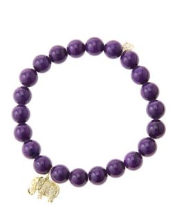 8mm Purple Mountain Jade Beaded Bracelet with 14k Gold/Diamond Small Elephant