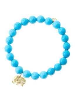 8mm Turquoise Beaded Bracelet with 14k Gold/Diamond Small Elephant Charm (Made