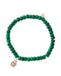 6mm Faceted Emerald Beaded Bracelet with 14k Gold/Diamond Medium Ladybug Charm