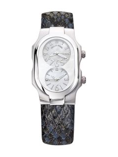 Womens Small Black Snake Leather & Mother Of Pearl Watch by Philip Stein
