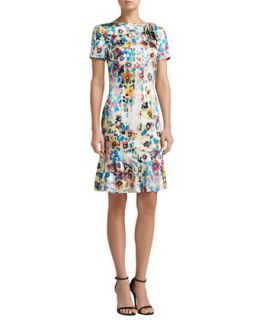 Womens Watercolor Pansies Print Stretch Silk Charmeuse Short Sleeve Dress with