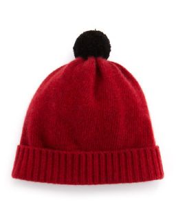Cuff Hat with Contrast Pompom, Red   Portolano