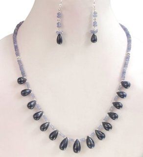 Fabulous Natural Tanzanite & Sapphire Drops Beaded Single Strand Necklace with Free 925 Silver Earrings Jewelry